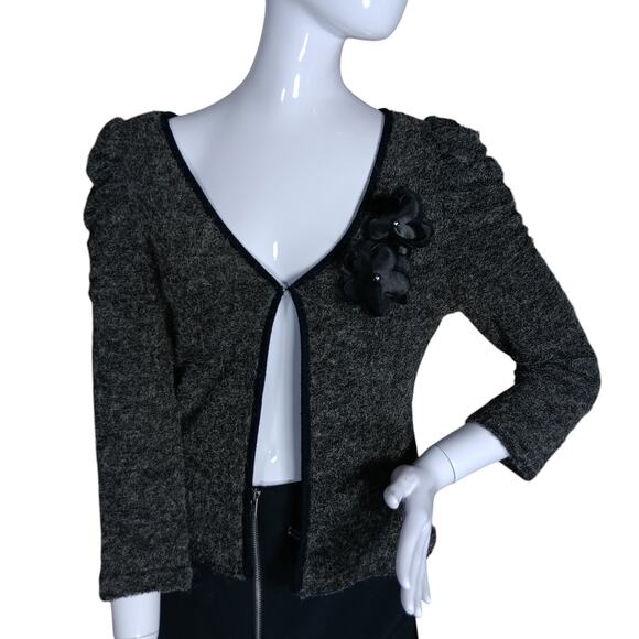 Papaya Sweaters - Papaya Knit Cardigan Top Size L Brown Long Puffy Sleeves Satin Floral Aplique